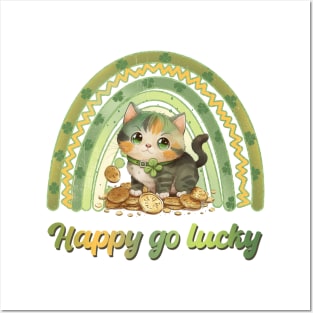 Retro st patrick green rainbow - Happy go lucky cat Posters and Art